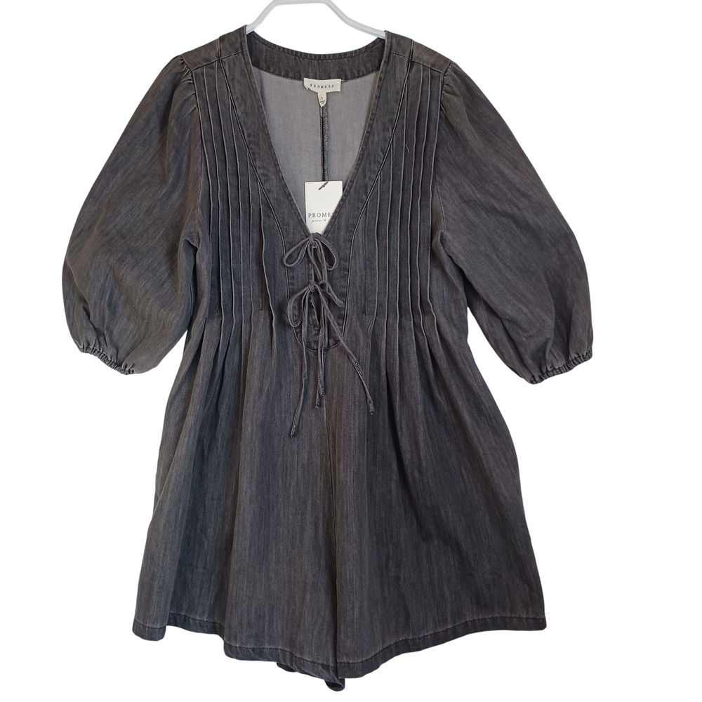 Promesa Charcoal Gray Pintuck Lace Up Puff Sleeve Romper Small NEW